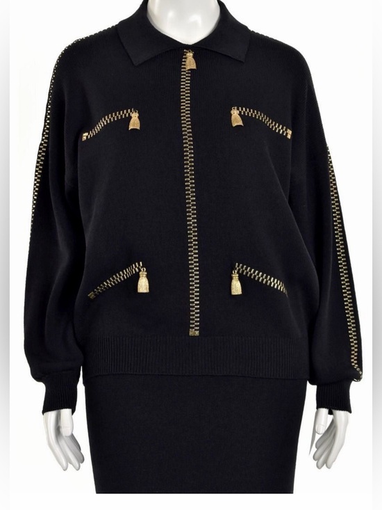 St. John Sweaters - St. John Black Knit Top with Gold Tassel Zipper Size Small